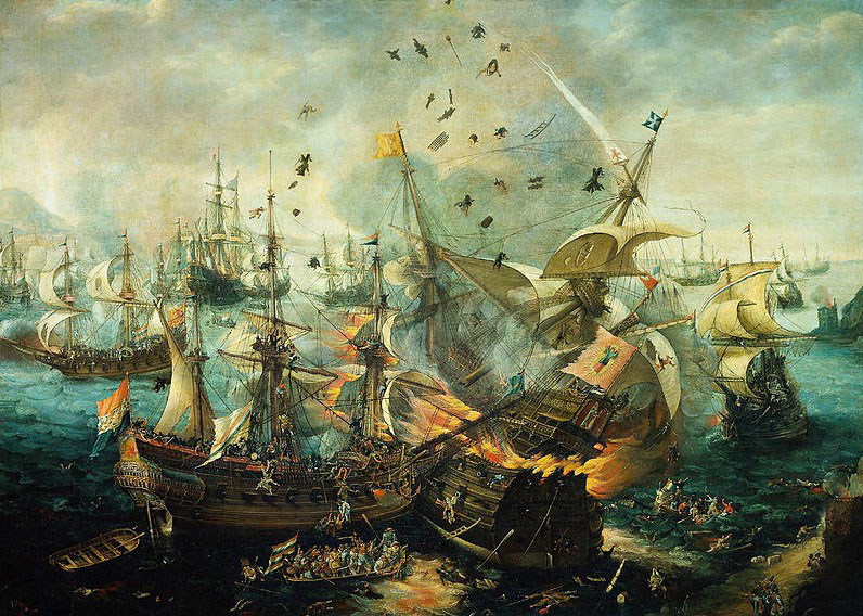 The explosion of the Spanish flagship during the Battle of Gibraltar, 25 April 1607.